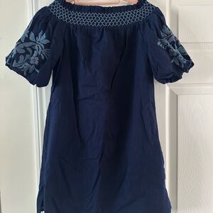 Navy Blue Embroidered Off-Shoulder Dress